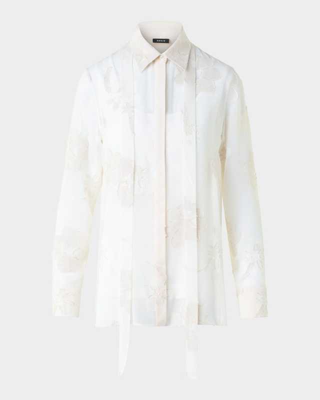 Floral Jacquard Neck-Tie Button-Down Blouse